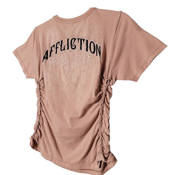 Affliction Womens Alchemy Foiled Velvet Graphic Spellout Braided Sides Shirt Med - Picture 4 of 11